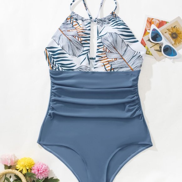New Tropical Print Ruched Halter One Piece Swimsuit Dusty Blue - Picture 3 of 4